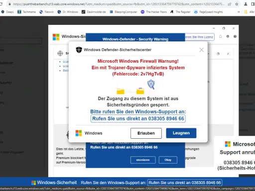 Fake Virus Meldung: Windows-Sicherheitscenter warnt vor Trojaner-Spyware. Um diese gefälschte Meldung zu entfernen, rufen Sie den Support unter 038305 8946 66 an.