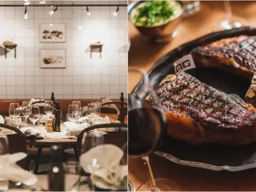 Vänster: elegant dukat bord med vita plattor på väggen. Höger: saftig biff med grillränder, redo att avnjutas på AG Jureskog.