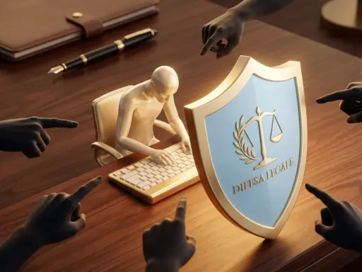 Man at keyboard surrounded by accusing fingers, shield with scales of justice. Denuncia per mobbing cosa si rischia.