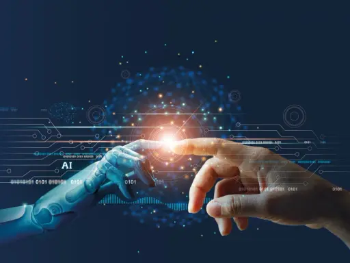 Eine Roboterhand und eine menschliche Hand berühren sich, ein Symbol für die utopie definition von KI und Menschheit.