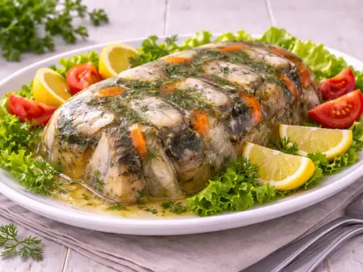 Ein festlich angerichteter Aal in Aspik, garniert mit Zitrone, Tomaten und Salat.