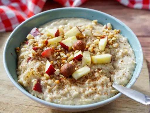 Schmackhaftes Porridge selber machen mit Apfelstücken, Nüssen und Zimt bestreut. Ein gesunder Start in den Tag.