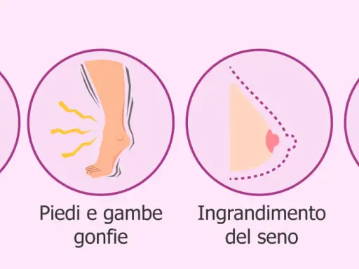 A 5 mese di gravidanza, si notano aumento di peso, piedi gonfi, seno ingrandito e mal di schiena.