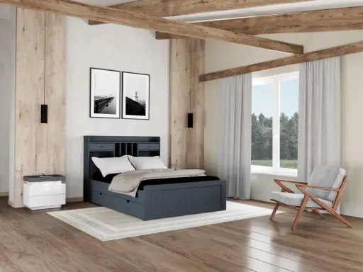 Habitación moderna con cama azul, mesita de noche blanca y sillón gris. Ideas para como hacer una habitacion acogedora.