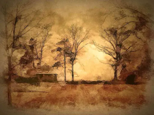 Monochrome art depicts bare trees in a hazy, sepia-toned landscape. A low, dark structure sits in the middle ground.