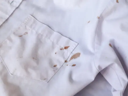 Biała koszula z brązowymi, trudnymi plamami na materiale i kieszeni.