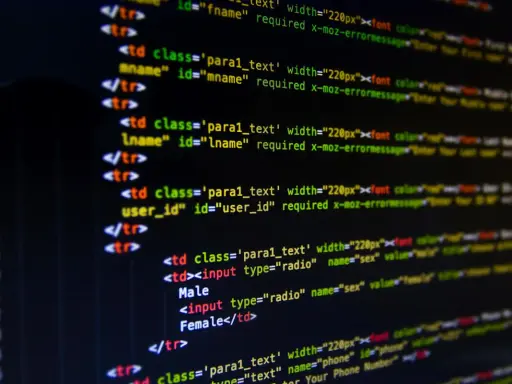 Kod HTML z polami formularza, idealny do nauki programowania. Widoczne pola na imię, nazwisko, ID użytkownika, płeć (radio buttony) i numer telefonu.