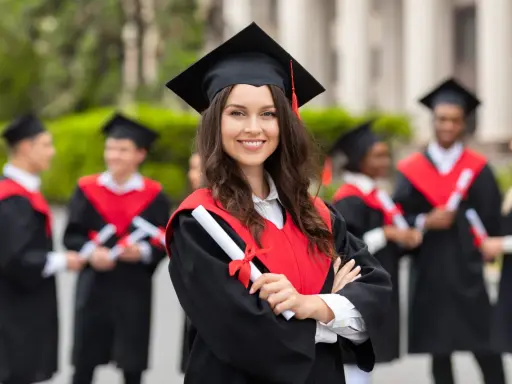 Uśmiechnięta absolwentka z dyplomem w ręku, w tle inni studenci po ang.