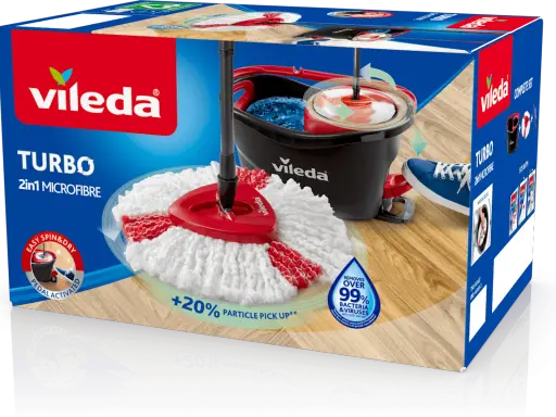 Pudełko mopa obrotowego Vileda Turbo z białą końcówką i czarnym wiadrem.