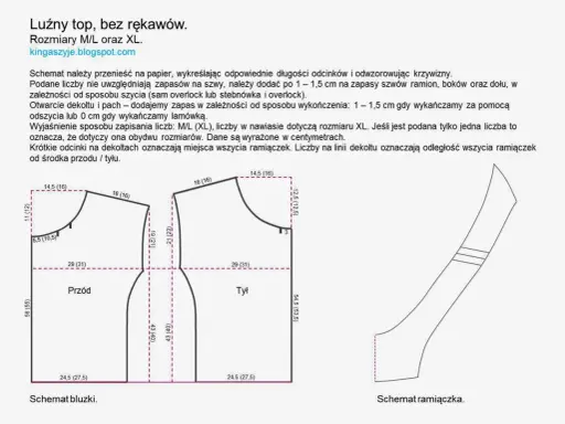 Schemat luźnego topu bez rękawów, idealny do szycia diy. Wzór zawiera wymiary przodu, tyłu i ramiączka.