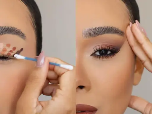 Tutorial: ombretto come metterlo. Un occhio con base e puntini marroni, l'altro con trucco sfumato e ciglia finte.