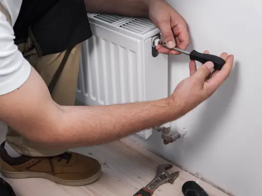 Un técnico usa un destornillador para ajustar la válvula de un radiador, mostrando cómo se abre un radiador para mantenimiento.