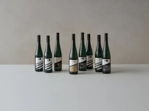 Neun Flaschen Wein der Andreas Oster Weinkellerei stehen nebeneinander.