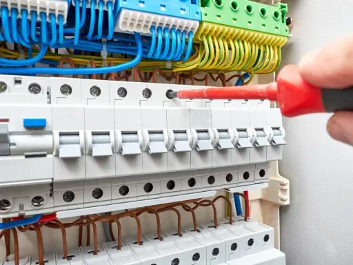 Main électrique avec disjoncteurs. Un tournevis rouge est utilisé pour ajuster une connexion, aidant à comprendre comment savoir quel fusible changer.