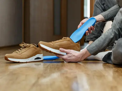 Jak odświeżyć buty w środku? Włóż niebieskie wkładki do brązowych sneakersów, by zapewnić komfort i świeżość.