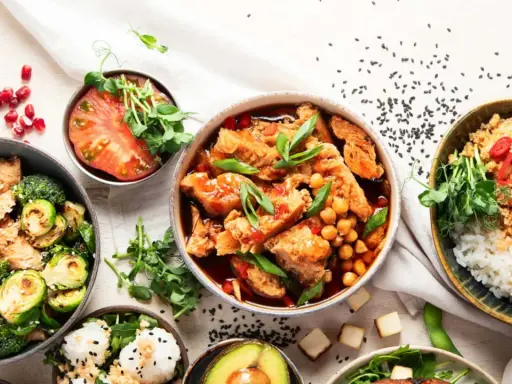 Leckere muskelaufbau rezepte: bunte Bowls mit Hähnchen, Gemüse, Reis und Tofu. Frisch, gesund und proteinreich.
