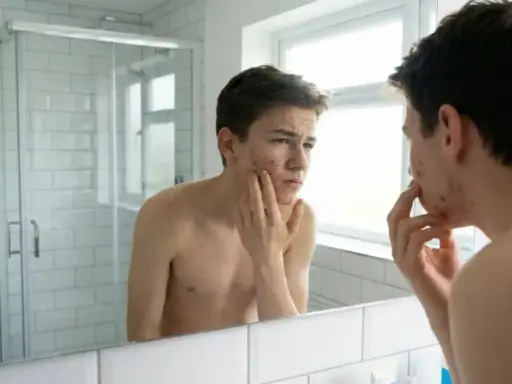 Un adolescent examine son visage dans le miroir, préoccupé par son acné.