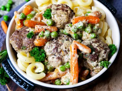 Herzhafte Frikadellen in cremiger Soße mit Erbsen und Möhren, dazu Nudeln. Ein leckeres Wikingertopf Rezept für die ganze Familie.