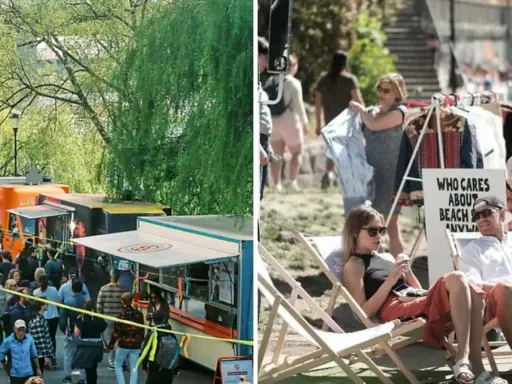 Folkmyller vid Mariatorget loppis med matvagnar och klädhyllor. Soliga dagar lockar många besökare.