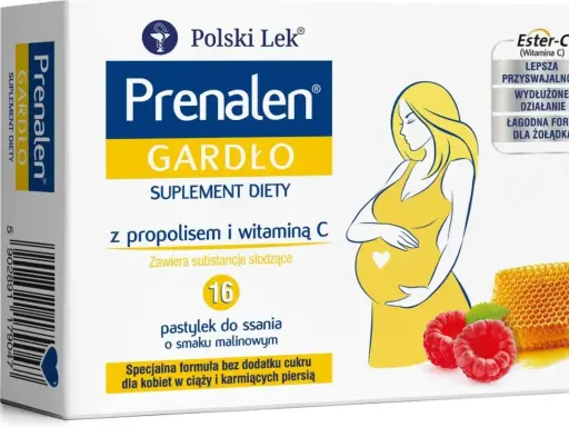 Prenalen Gardło - suplement diety z propolisem i witaminą C dla kobiet w ciąży. Pomaga złagodzić ból gardła, łagodna forma dla żołądka.