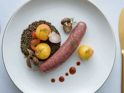 Une saucisse de Toulouse savoureuse, accompagnée de lentilles, de tomates cerises, de champignons et de petites pommes de terre dorées.