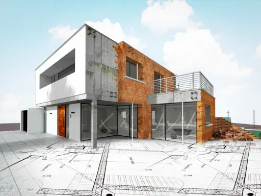 Nowoczesny dom w budowie na tle planów architektonicznych. Od czego zacząć budowę domu? Od projektu!