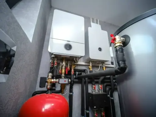 Dwa nowoczesne kotły gazowe wiszą na ścianie obok dużego, srebrnego bojlera. Pod nimi widoczny jest czerwony zbiornik przeponowy i skomplikowana instalacja hydrauliczna.