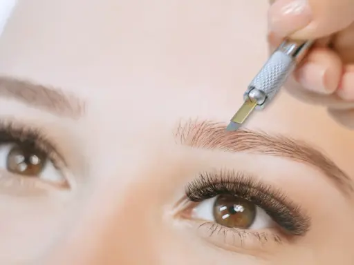 Main d'une esthéticienne réalisant un microblading poil à poil sur un sourcil.