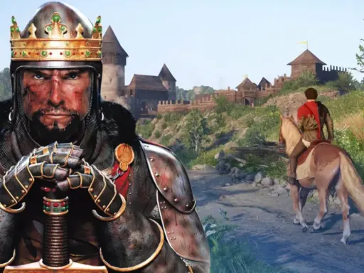 König mit Krone und Rüstung, im Hintergrund eine Burg und ein Reiter. Ein Bild aus mittelalterlichen Spielen.