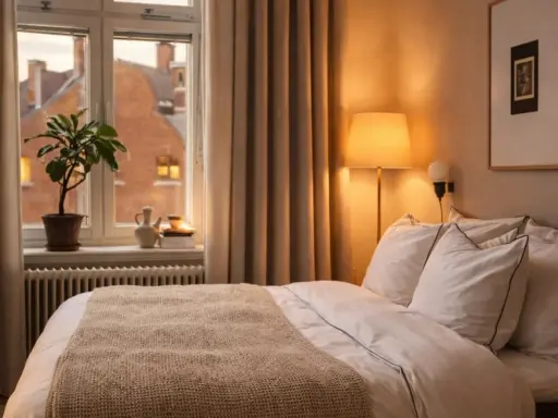 Ett mysigt rum med en bäddad säng, en fönsterbräda med en växt och en varm lampa som lyser upp.