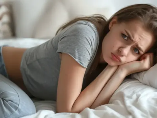 Zmęczona dziewczyna leży na łóżku, szukając ulgi co na bóle miesiączkowe.