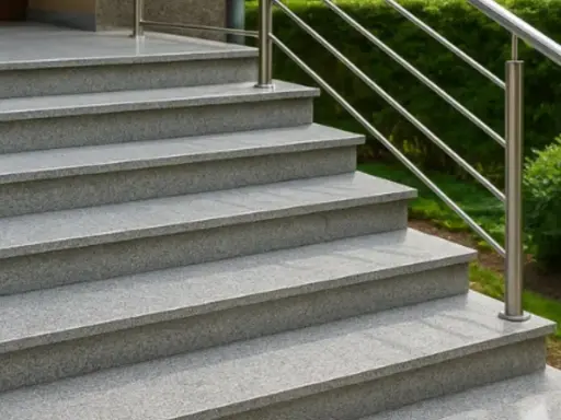 Kamienne stopnie schodów z metalową poręczą. Każdy stopień, czyli podstopnica, jest solidnie wykonany z granitu.