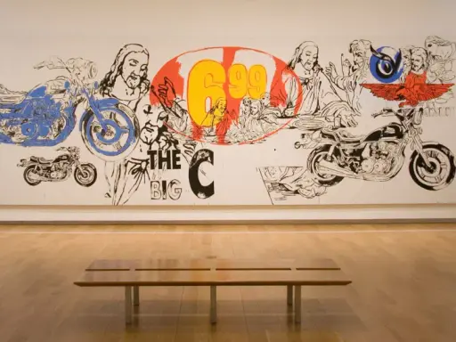 Andy Warhol's "The Last Supper" reimagined with motorcycles and bold graphics, a vibrant commentary on faith and consumerism.