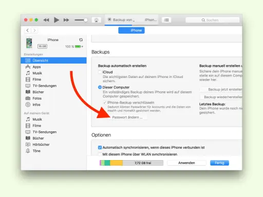 Bildschirmfoto zeigt die Einstellungen für ein iPhone-Backup. Ein roter Pfeil weist auf die Option "Passwort ändern", falls Sie Ihr iPhone Backup Passwort vergessen haben.