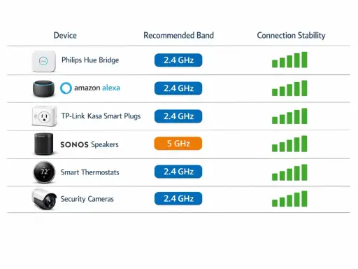 Tabelle zeigt Geräte und empfohlene WLAN-Bänder. SONOS Lautsprecher nutzen 5 GHz, andere Geräte 2,4 GHz.