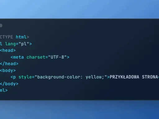 Kod HTML strony z tekstem "PRZYKŁADOWA STRONA" w duża czcionka na żółtym tle.
