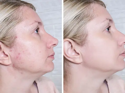 Przed i po: skóra z niedoskonałościami i zaczerwienieniami po zastosowaniu Acne Derm. Efekty widoczne!
