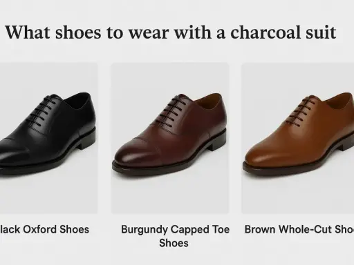 Three pairs of dress shoes: black oxfords, burgundy capped toes, and brown whole-cuts, perfect for a charcoal suit.