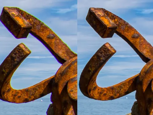 Comparación de imagen: a la izquierda, se aprecia la aberración cromática con bordes verdes y morados en la escultura de metal oxidado; a la derecha, la imagen corregida.