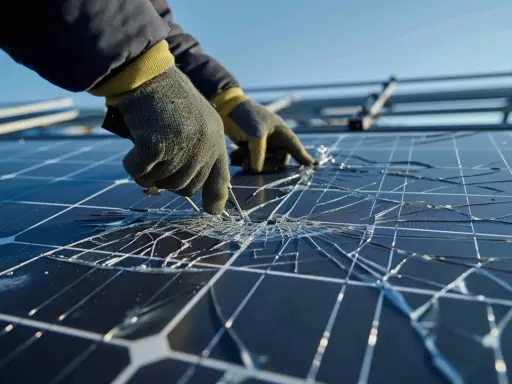 Mains gantées inspectent un panneau solaire cassé, les éclats de verre brillant sous le soleil.