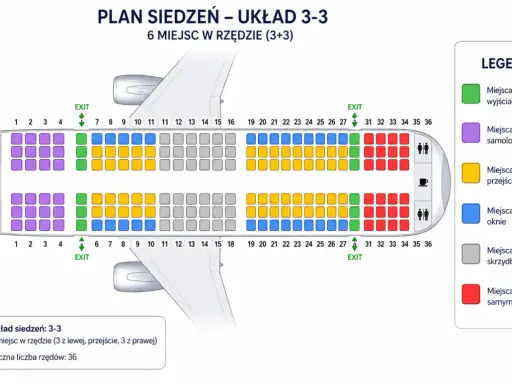 Plan siedzeń w samolocie: układ 3-3. Kolory oznaczają miejsca przy wyjściach awaryjnych (zielone), z przodu (fioletowe), przy przejściu (żółte), przy oknie (niebieskie), nad skrzydłami (szare) i z tyłu (czerwone).