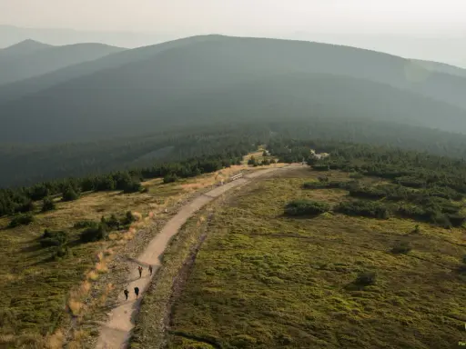 Widok na pasmo górskie Śnieżnik, gdzie szlak prowadzi przez trawiaste zbocza i lasy.