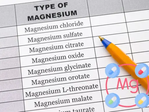 Tabela z rodzajami magnezu, w tym glicynian magnezu. Obok długopis i ikony tabletek.