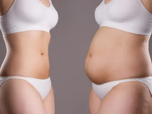 Comparaison de deux silhouettes : l'une mince et tonique, l'autre avec un ventre plus rond, illustrant le parcours pour perdre de la graisse.