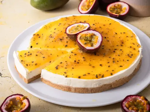 Ein cremiger Maracuja Cheesecake mit leuchtend gelbem Topping und frischen Passionsfrüchten.