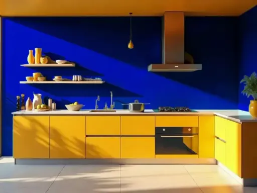 Cuisine aux murs bleu majorelle éclatant et meubles jaunes vifs. Des étagères chargées de vaisselle, une plante verte et un plan de travail moderne.
