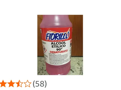 Flacone di alcool etilico denaturato 90° Fiorillo, con avvertenze di pericolo e istruzioni in caso di contatto con la pelle.