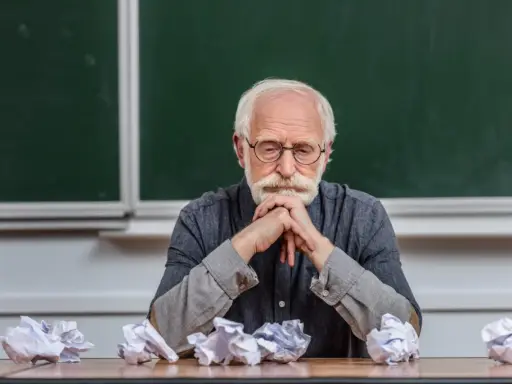 Zamyślony adiunkt, kto to? Siedzi przy biurku, przed nim pogięte kartki.