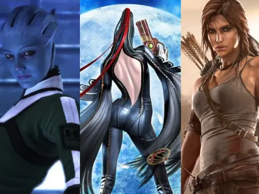 Trzy ikoniczne postacie z gier: niebieskoskóra Liara T'Soni, seksowna Bayonetta i dzielna Lara Croft.
