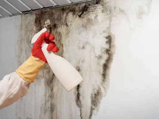 Mano con guanti che spruzza un prodotto su un muro ammuffito, per misurare l'umidità e combattere il problema.